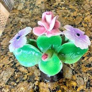 Nuovo Capodimonte porcelain pink and purple flowers in vase 7” x 7”